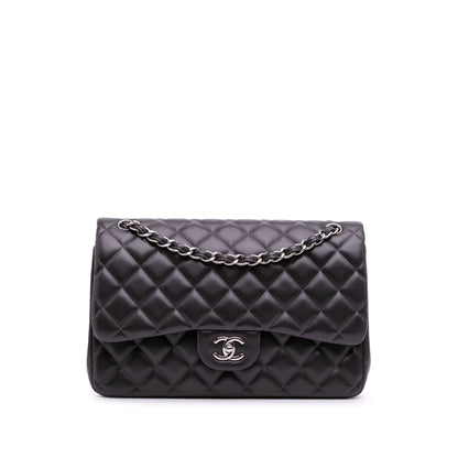 Second hand Chanel Classic Double Flap Jumbo Lambskin Leather Matelassè Handbag Grey - Tabita Bags