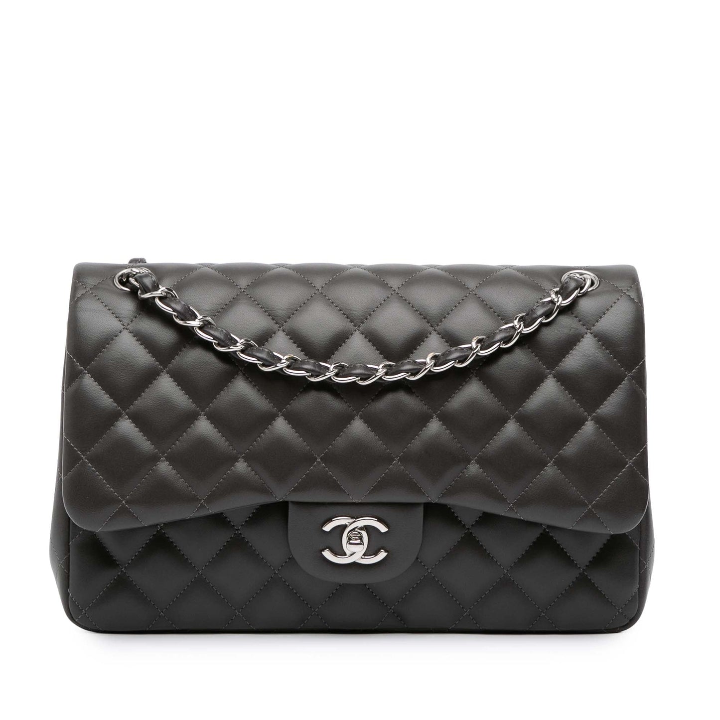 Second hand Chanel Classic Double Flap Jumbo Lambskin Leather Matelassè Handbag Grey - Tabita Bags