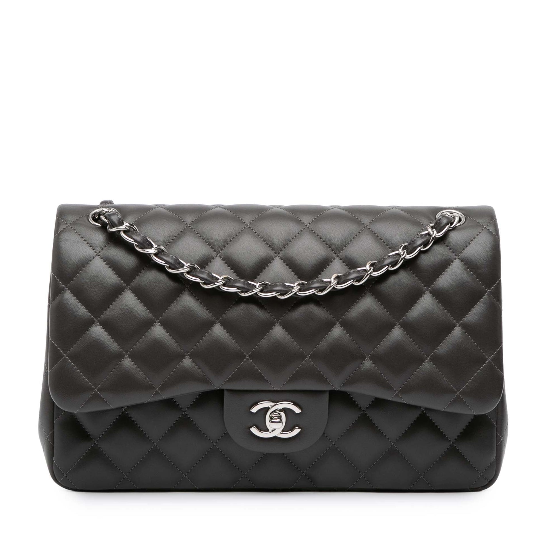 Second hand Chanel Classic Double Flap Jumbo Lambskin Leather Matelassè Handbag Grey - Tabita Bags