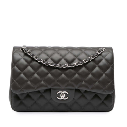 Second hand Chanel Classic Double Flap Jumbo Lambskin Leather Matelassè Handbag Grey - Tabita Bags