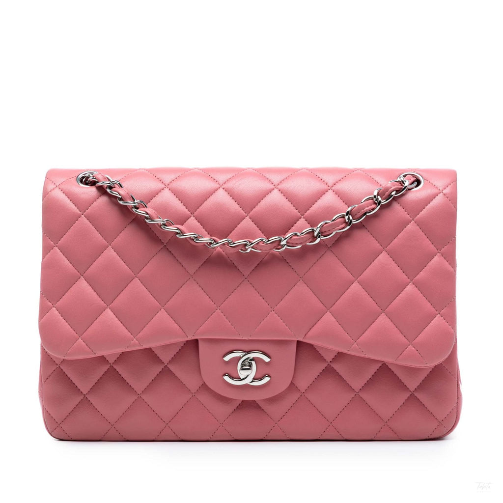 Second hand Chanel Classic Double Flap Jumbo Lambskin Leather Matelassè Handbag Pink - Tabita Bags