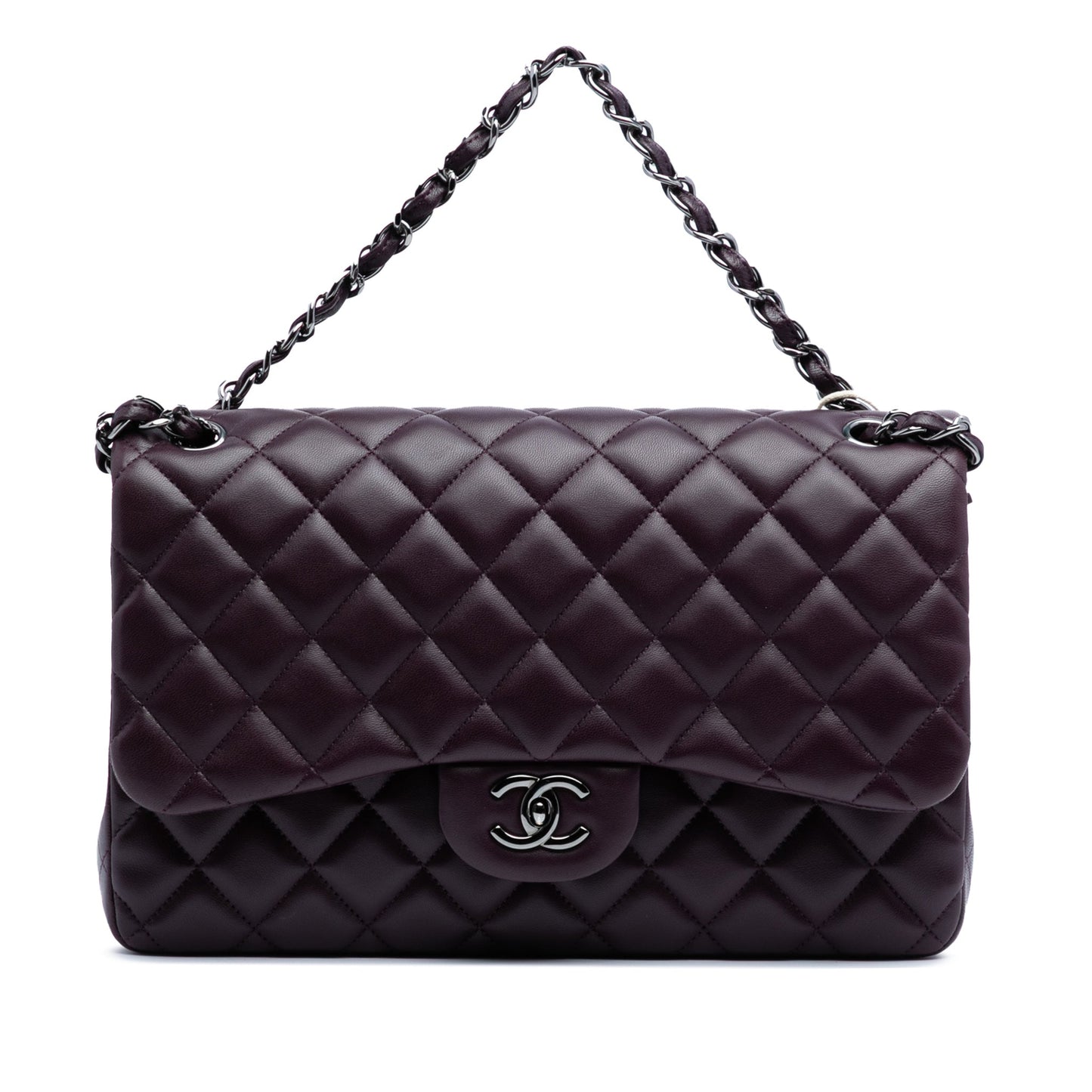 Second hand Chanel Classic Double Flap Jumbo Lambskin Leather Matelassè Handbag Purple - Tabita Bags