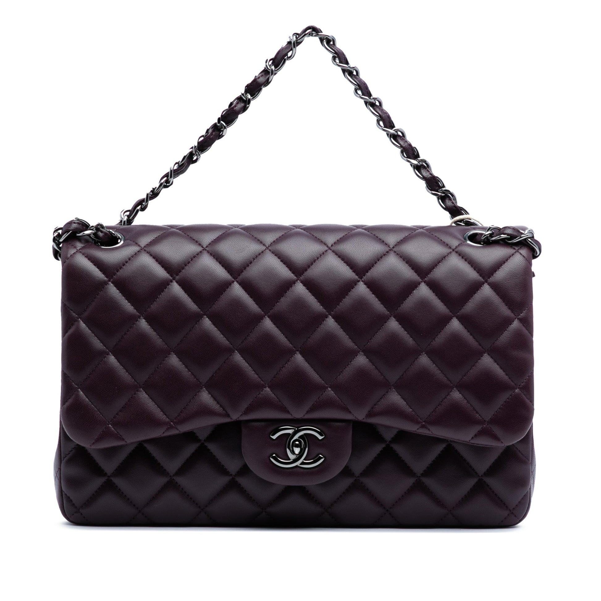 Second hand Chanel Classic Double Flap Jumbo Lambskin Leather Matelassè Handbag Purple - Tabita Bags