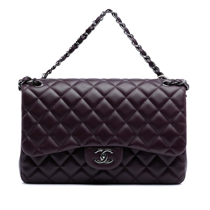 Second hand Chanel Classic Double Flap Jumbo Lambskin Leather Matelassè Handbag Purple - Tabita Bags