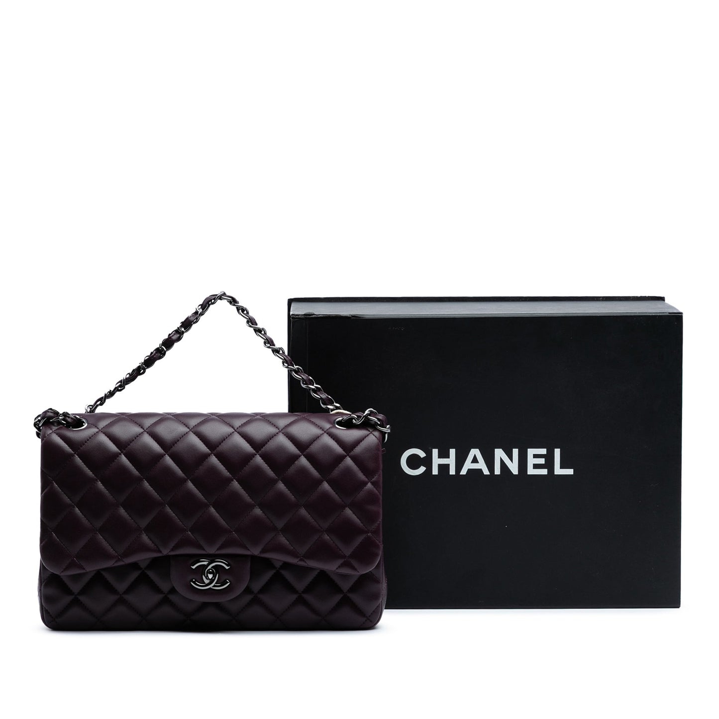 Second hand Chanel Classic Double Flap Jumbo Lambskin Leather Matelassè Handbag Purple - Tabita Bags