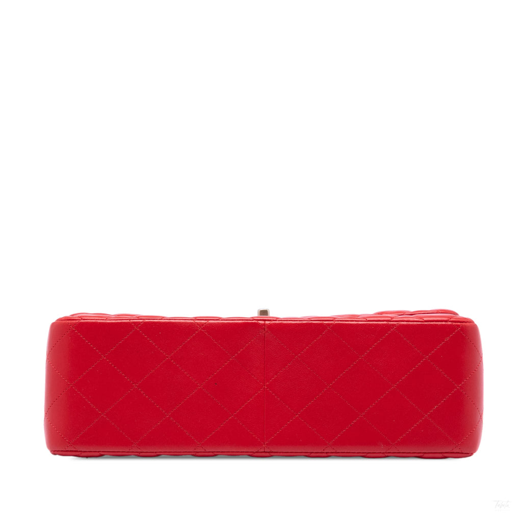 Second hand Chanel Classic Double Flap Jumbo Lambskin Leather Matelassè Handbag Red - Tabita Bags