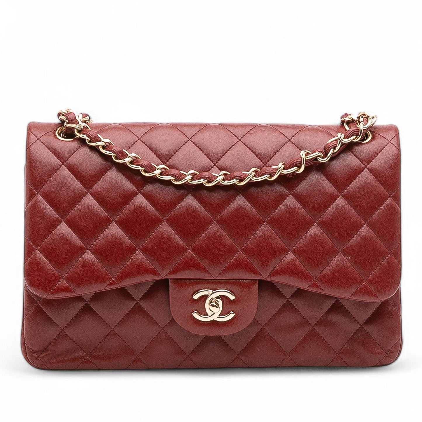 Second hand Chanel Classic Double Flap Jumbo Lambskin Leather Matelassè Handbag Red - Tabita Bags
