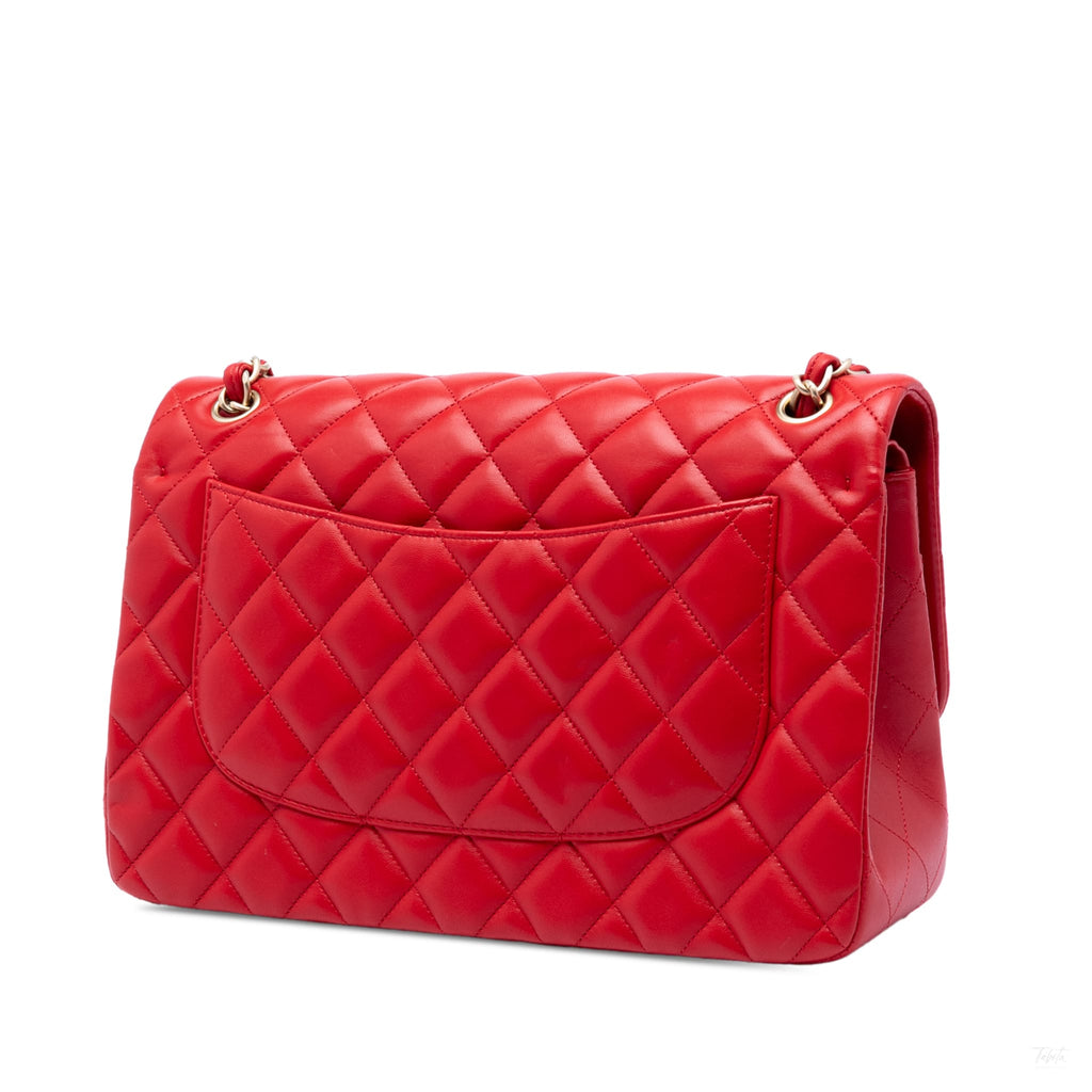 Second hand Chanel Classic Double Flap Jumbo Lambskin Leather Matelassè Handbag Red - Tabita Bags