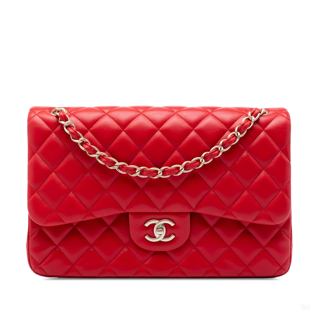 Second hand Chanel Classic Double Flap Jumbo Lambskin Leather Matelassè Handbag Red - Tabita Bags
