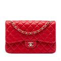 Second hand Chanel Classic Double Flap Jumbo Lambskin Leather Matelassè Handbag Red - Tabita Bags