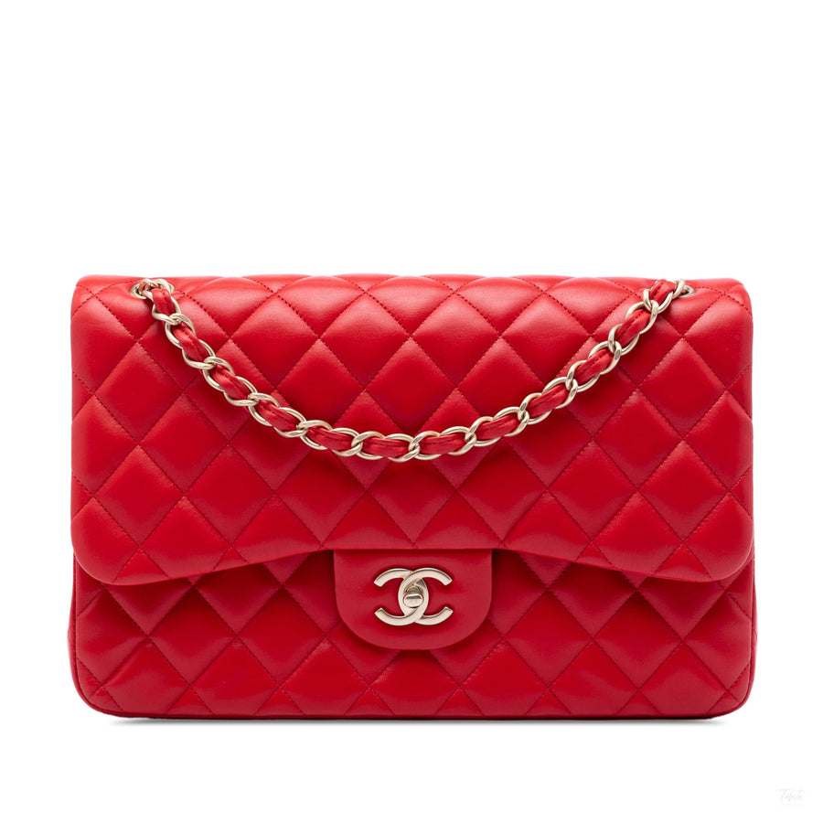 Second hand Chanel Classic Double Flap Jumbo Lambskin Leather Matelassè Handbag Red - Tabita Bags