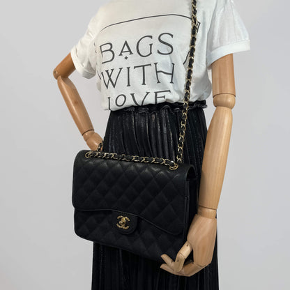 Second hand Chanel Classic Double Flap Jumbo Matelassè Caviar Leather 2 - Ways Flap Bag Black - Tabita Bags