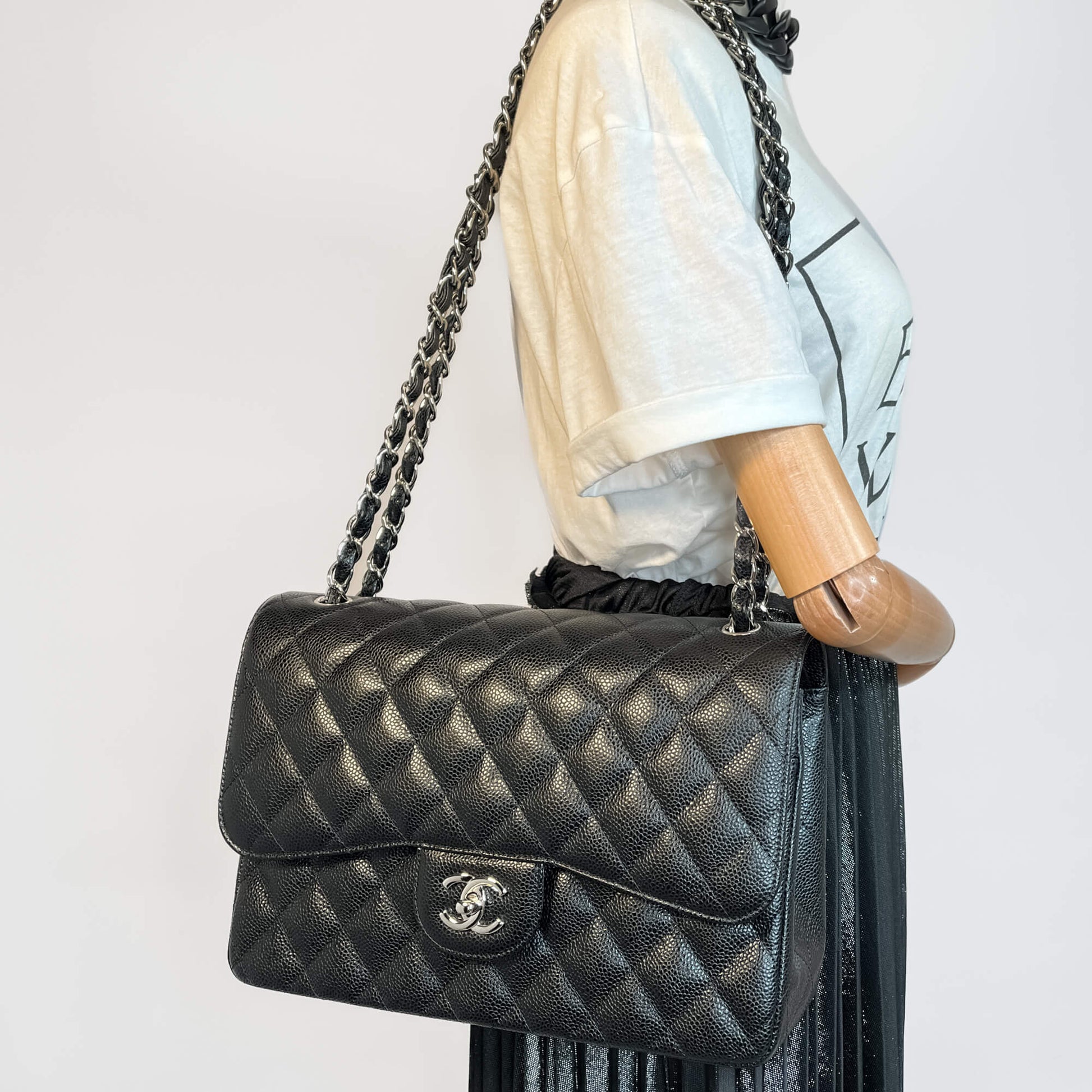 Second hand Chanel Classic Double Flap Jumbo Matelassè Caviar Leather 2 - Ways Flap Bag Black - Tabita Bags