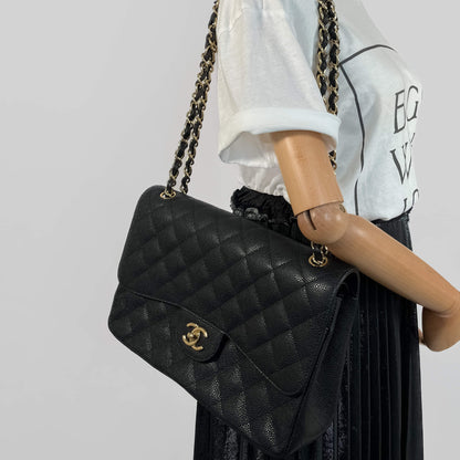 Second hand Chanel Classic Double Flap Jumbo Matelassè Caviar Leather 2 - Ways Flap Bag Black - Tabita Bags