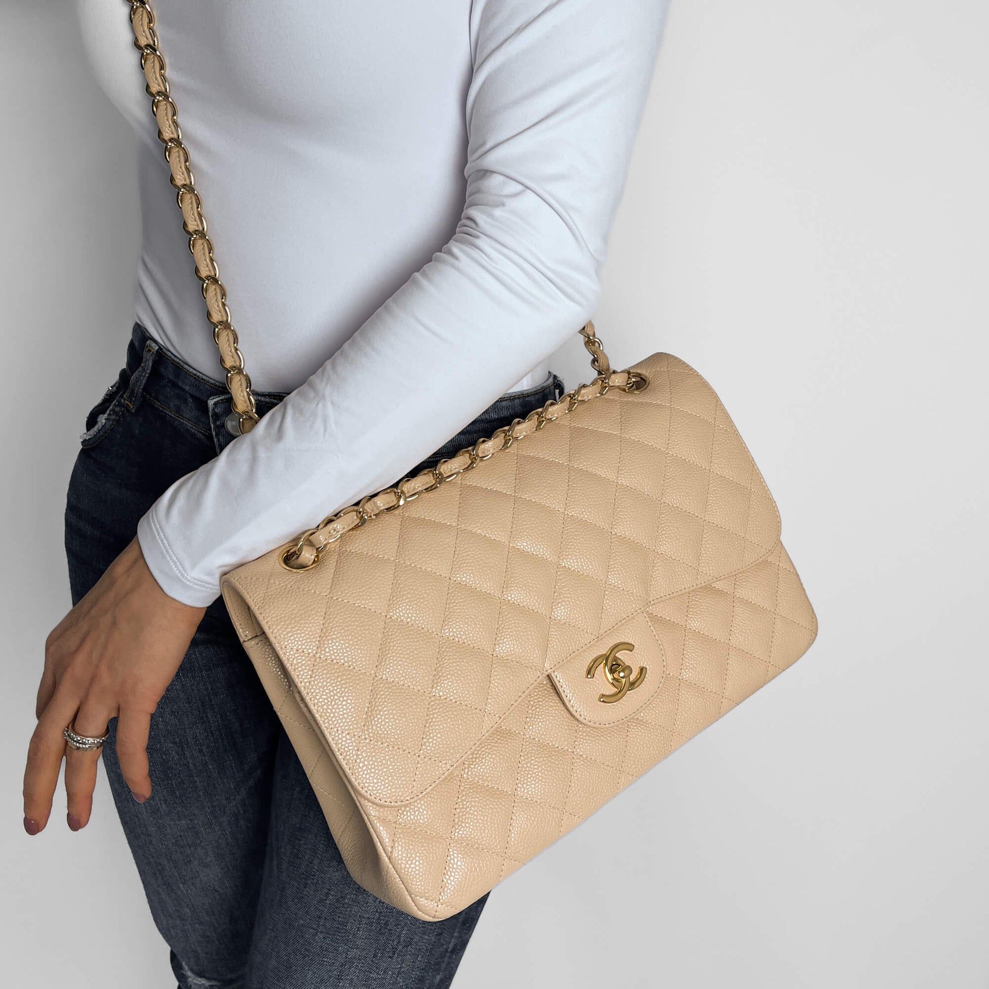 Second hand Chanel Classic Double Flap Jumbo Matelassè Caviar Leather 2 - Ways Flap Handbag Beige - Tabita Bags