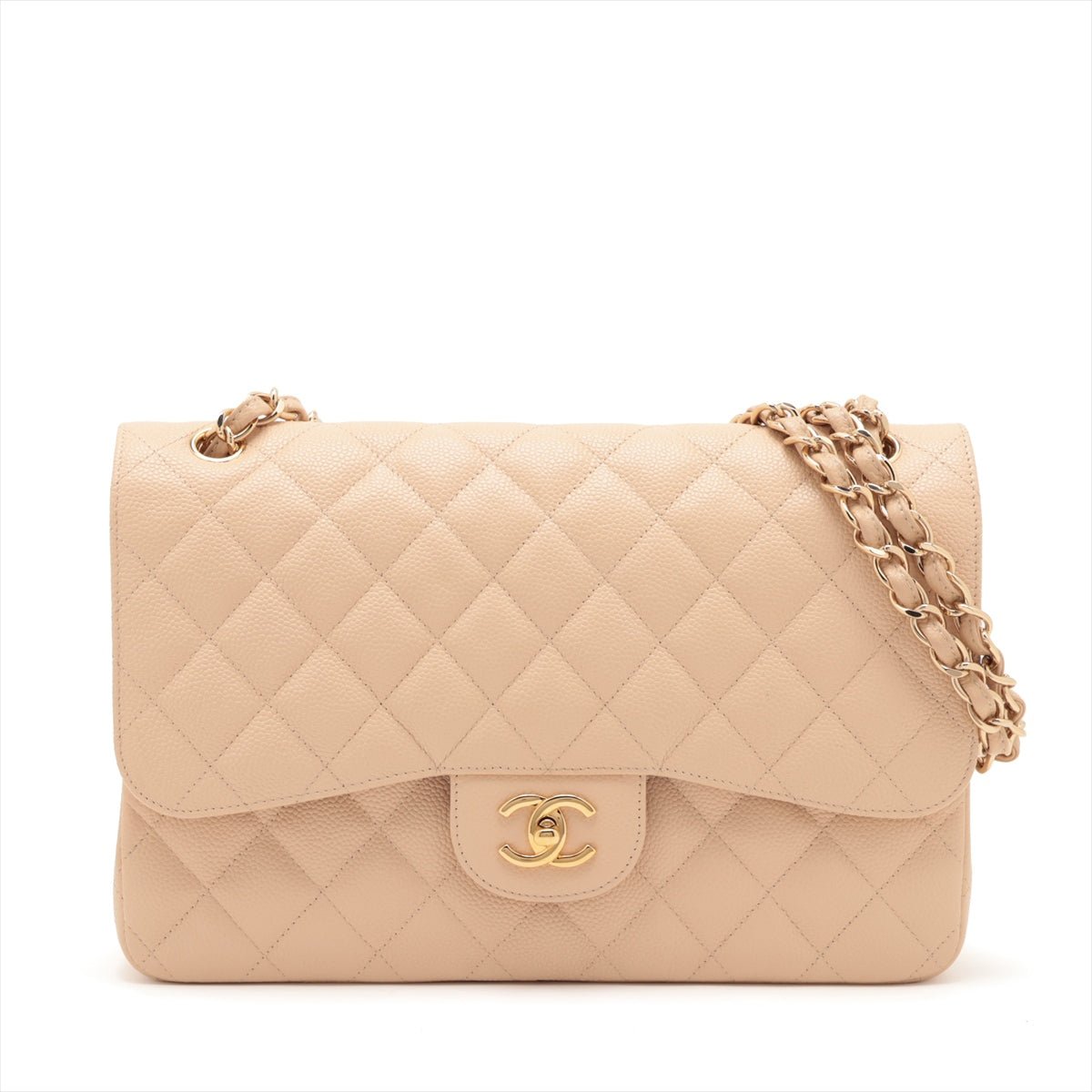 Second hand Chanel Classic Double Flap Jumbo Matelassè Caviar Leather 2 - Ways Flap Handbag Beige - Tabita Bags