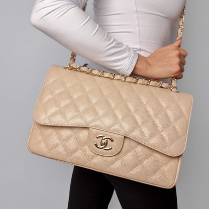 Second hand Chanel Classic Double Flap Jumbo Matelassè Caviar Leather 2 - Ways Flap Handbag Beige - Tabita Bags