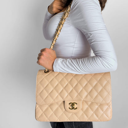 Second hand Chanel Classic Double Flap Jumbo Matelassè Caviar Leather 2 - Ways Flap Handbag Beige - Tabita Bags