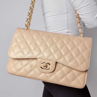 Second hand Chanel Classic Double Flap Jumbo Matelassè Caviar Leather 2 - Ways Flap Handbag Beige - Tabita Bags