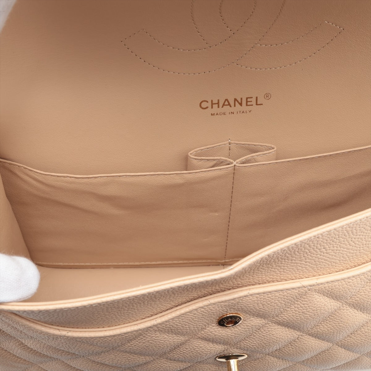 Second hand Chanel Classic Double Flap Jumbo Matelassè Caviar Leather 2 - Ways Flap Handbag Beige - Tabita Bags