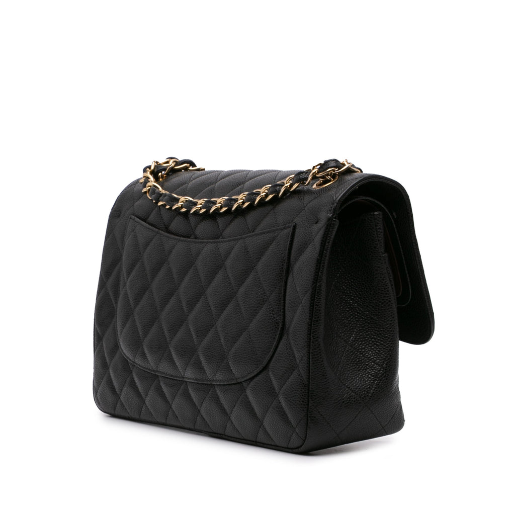 Second hand Chanel Classic Double Flap Jumbo Matelassè Caviar Leather 2 - Ways Flap Handbag Black - Tabita Bags