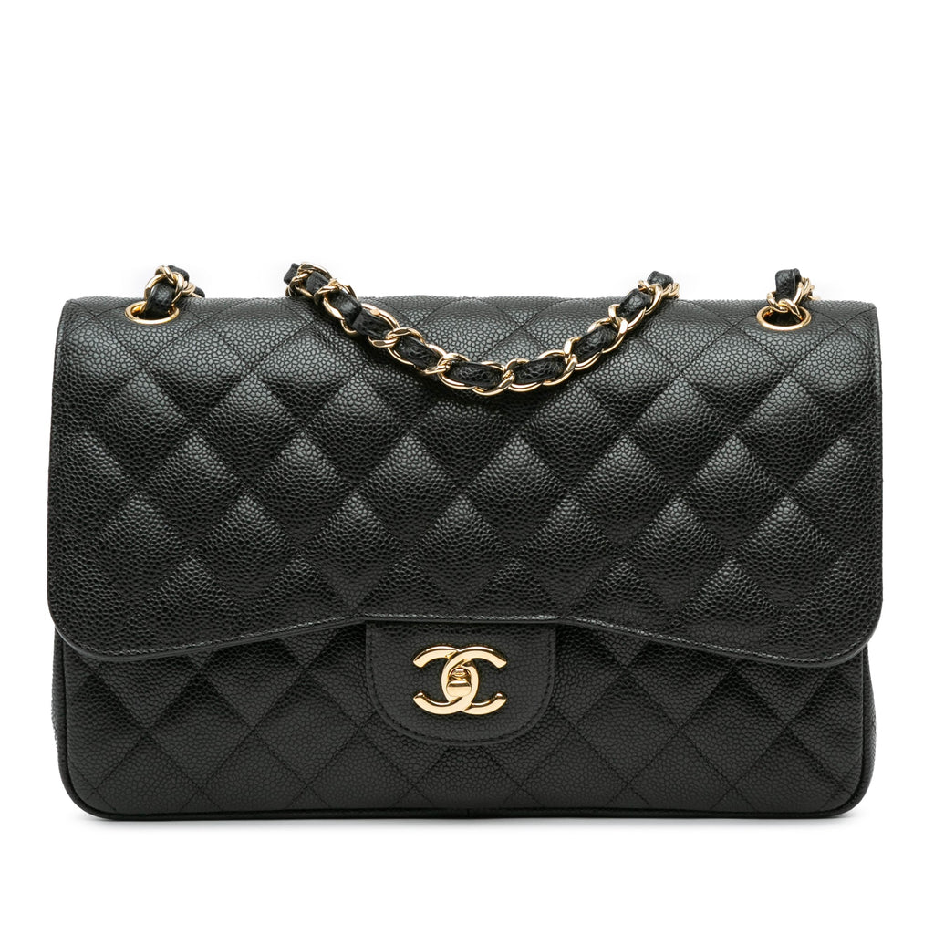 Second hand Chanel Classic Double Flap Jumbo Matelassè Caviar Leather 2 - Ways Flap Handbag Black - Tabita Bags
