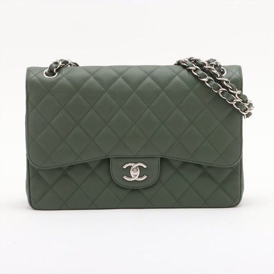 Second hand Chanel Classic Double Flap Jumbo Matelassè Caviar Leather 2 - Ways Flap Handbag Military Green - Tabita Bags