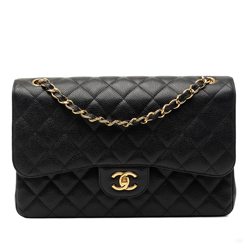 Second hand Chanel Classic Double Flap Jumbo Matelassè Caviar Leather Flap Handbag Black - Tabita Bags