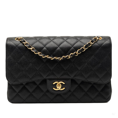 Second hand Chanel Classic Double Flap Jumbo Matelassè Caviar Leather Flap Handbag Black - Tabita Bags