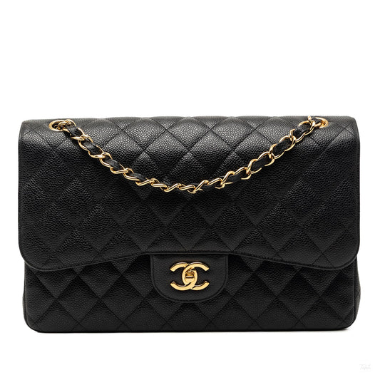 Second hand Chanel Classic Double Flap Jumbo Matelassè Caviar Leather Flap Handbag Black - Tabita Bags