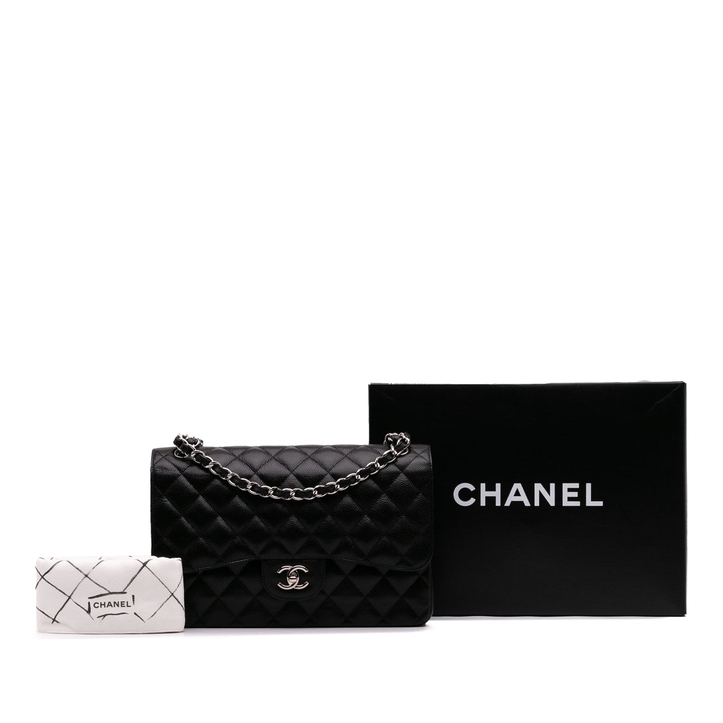Second hand Chanel Classic Double Flap Jumbo Matelassè Caviar Leather Flap Handbag Black - Tabita Bags