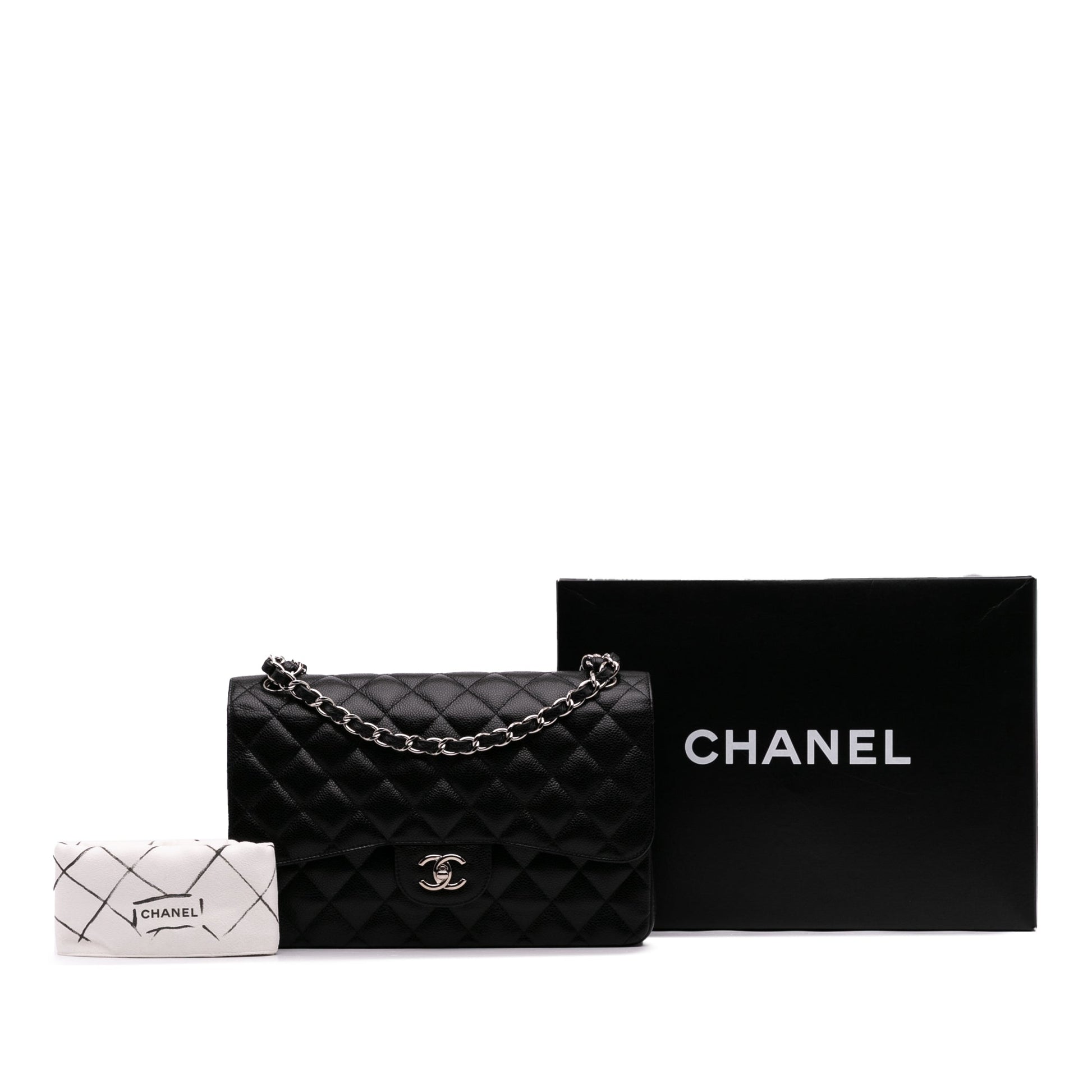 Second hand Chanel Classic Double Flap Jumbo Matelassè Caviar Leather Flap Handbag Black - Tabita Bags