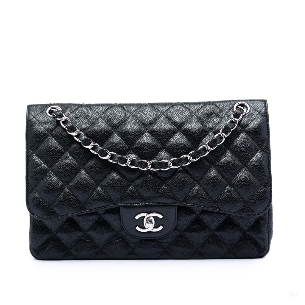 Second hand Chanel Classic Double Flap Jumbo Matelassè Caviar Leather Flap Handbag Black - Tabita Bags