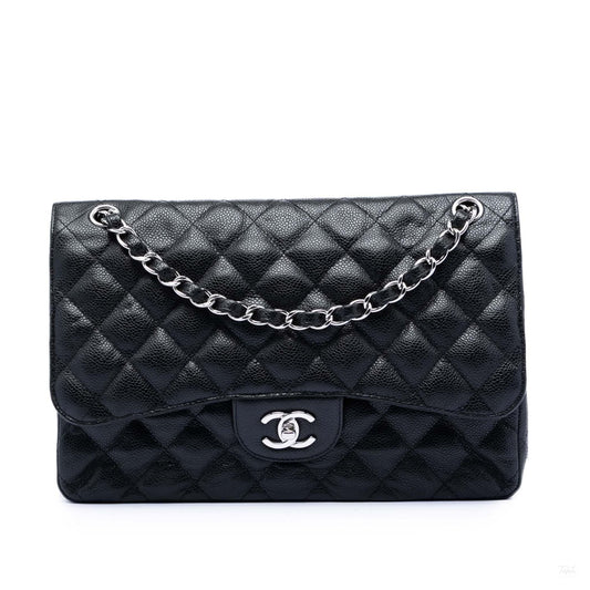 Second hand Chanel Classic Double Flap Jumbo Matelassè Caviar Leather Flap Handbag Black - Tabita Bags