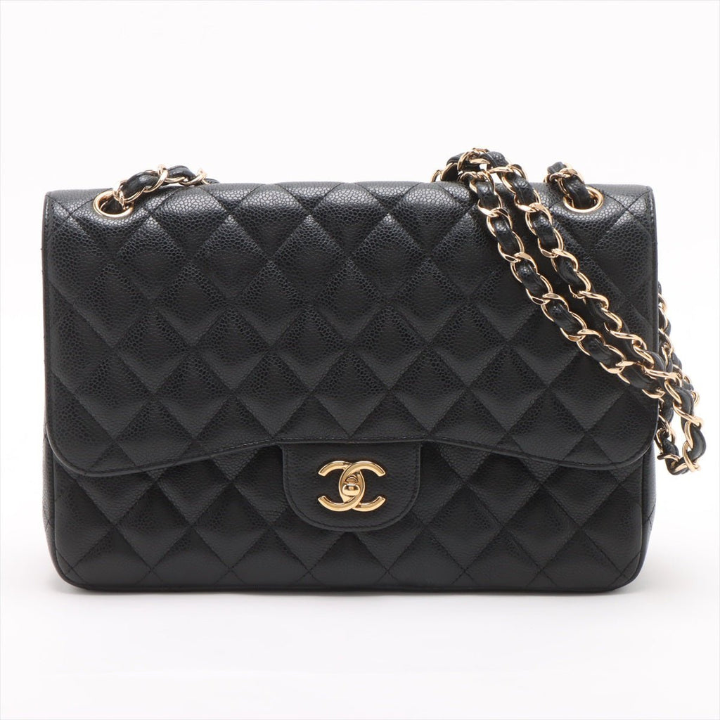 Second hand Chanel Classic Double Flap Jumbo Matelassè Caviar Leather Flap Handbag Black - Tabita Bags