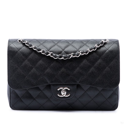 Second hand Chanel Classic Double Flap Jumbo Matelassè Caviar Leather Flap Handbag Black - Tabita Bags