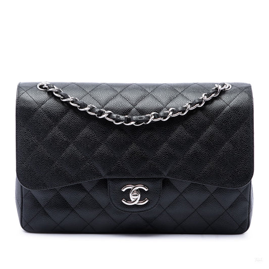 Second hand Chanel Classic Double Flap Jumbo Matelassè Caviar Leather Flap Handbag Black - Tabita Bags
