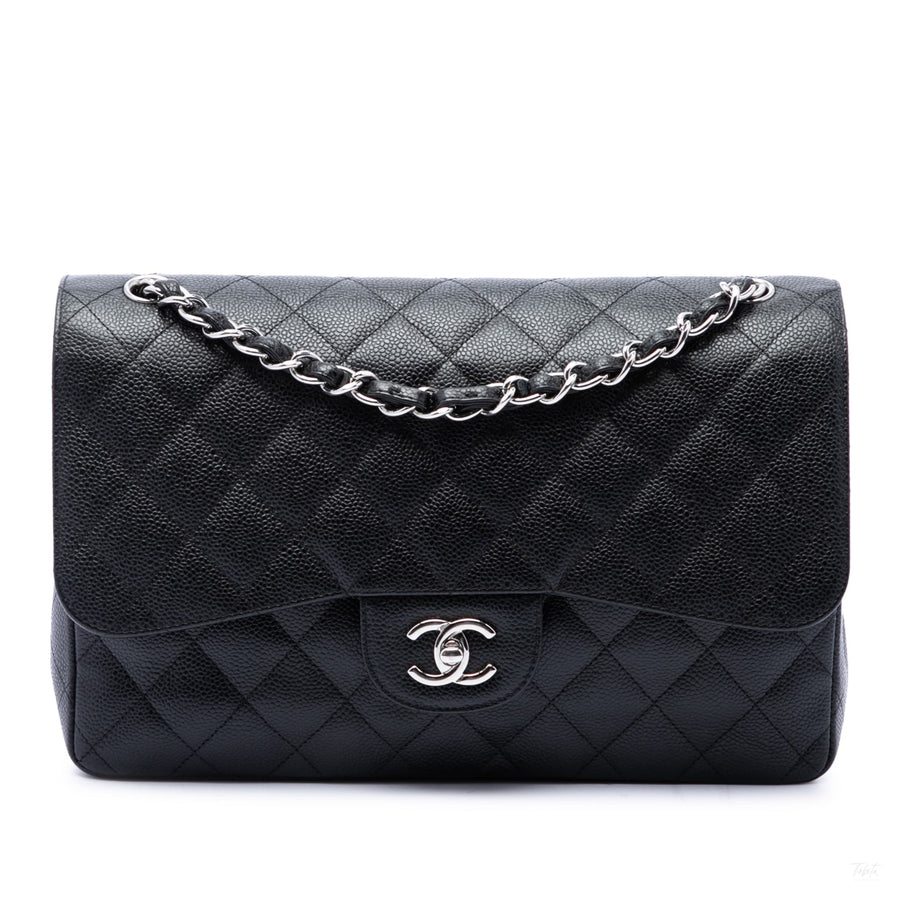 Second hand Chanel Classic Double Flap Jumbo Matelassè Caviar Leather Flap Handbag Black - Tabita Bags