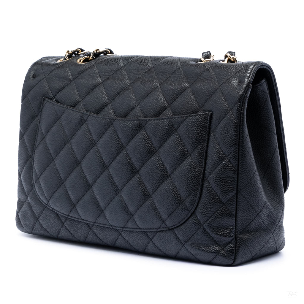 Second hand Chanel Classic Double Flap Jumbo Matelassè Caviar Leather Flap Handbag Black - Tabita Bags