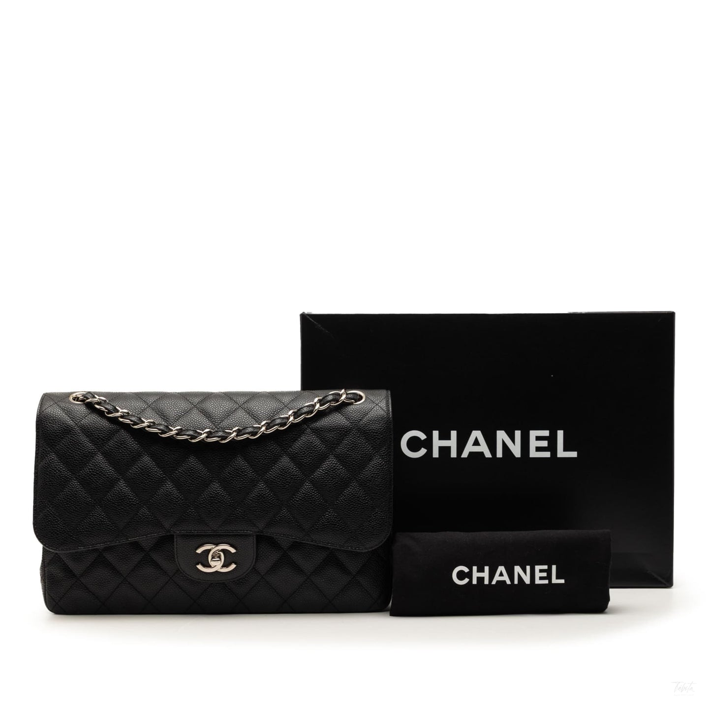 Second hand Chanel Classic Double Flap Jumbo Matelassè Caviar Leather Flap Handbag Black - Tabita Bags