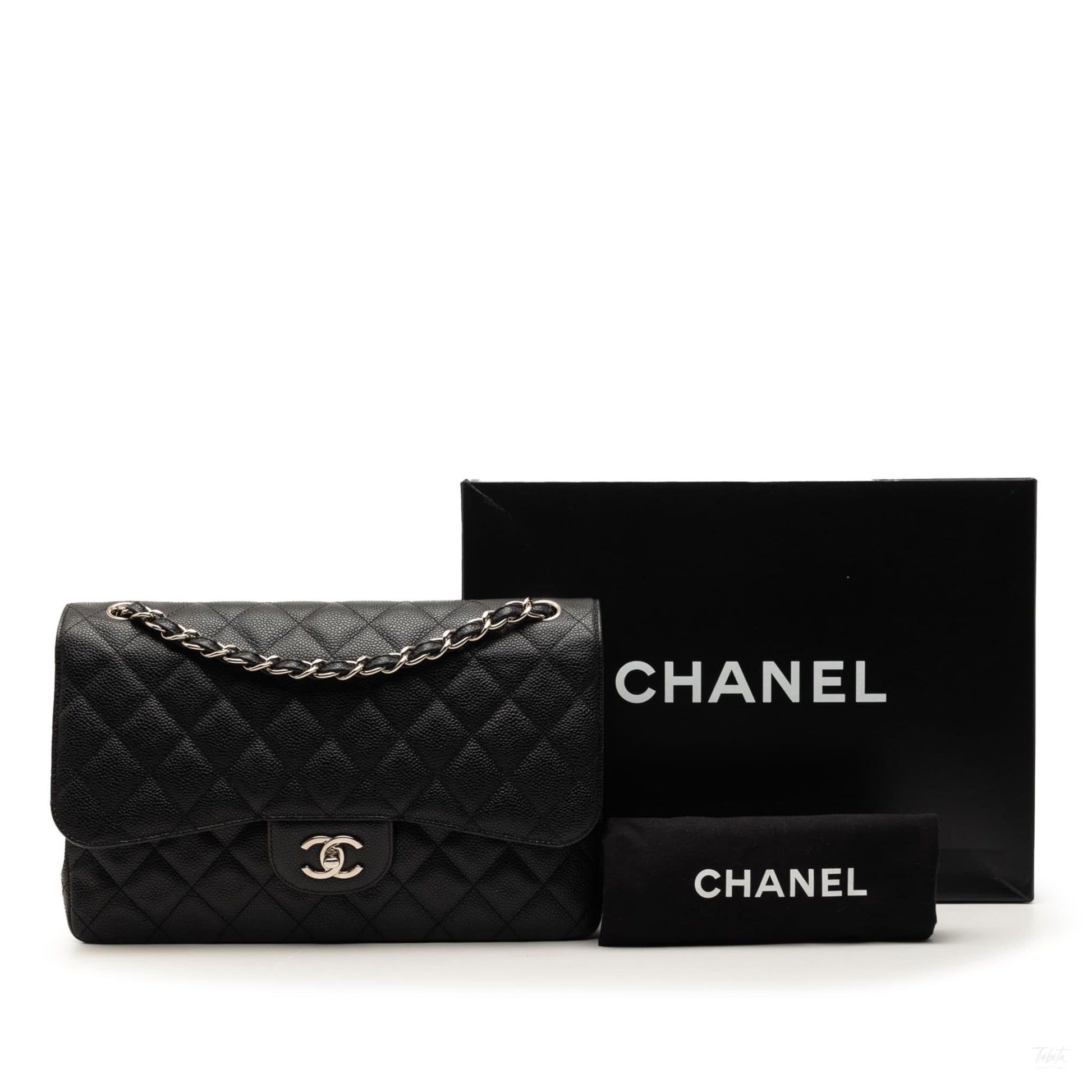Second hand Chanel Classic Double Flap Jumbo Matelassè Caviar Leather Flap Handbag Black - Tabita Bags
