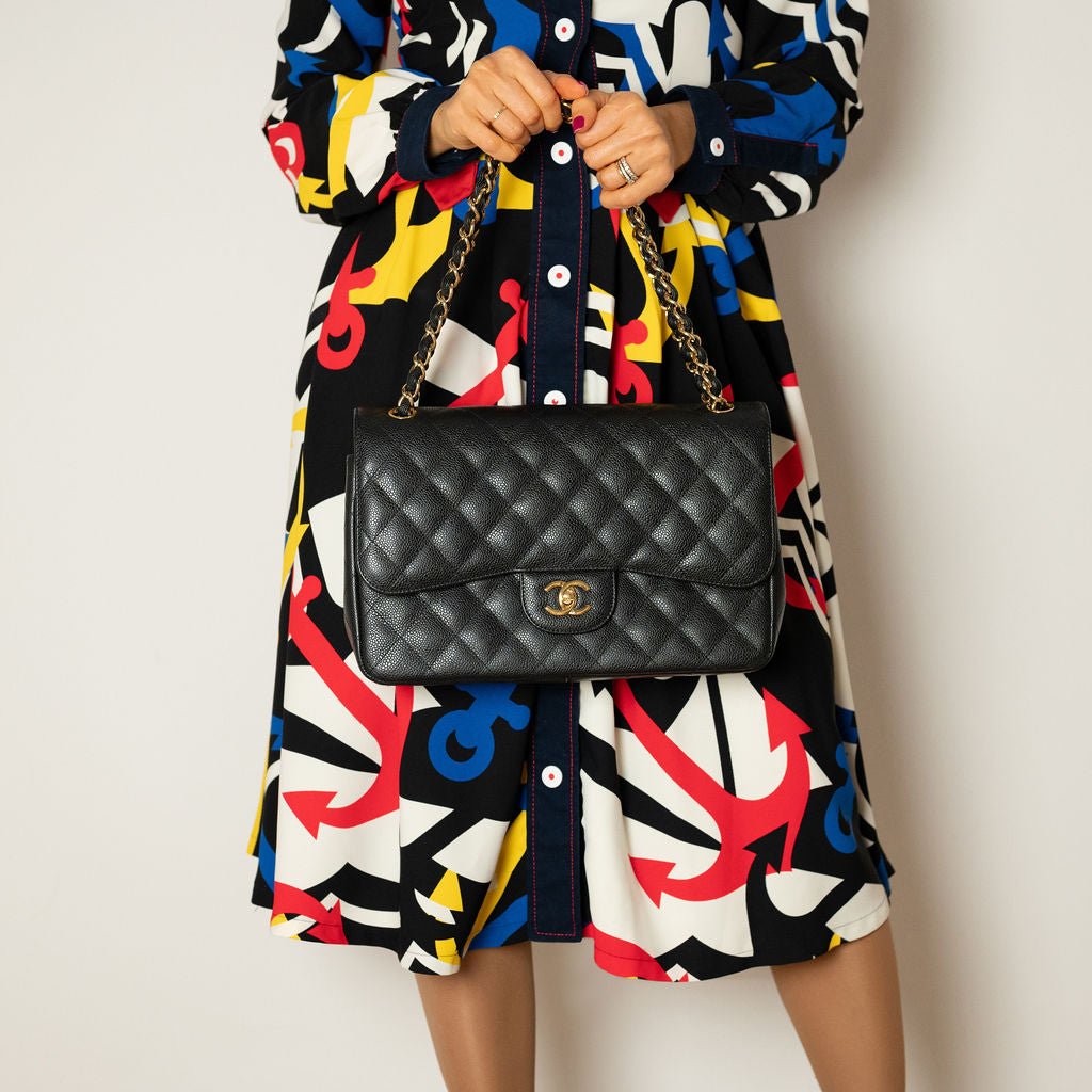 Second hand Chanel Classic Double Flap Jumbo Matelassè Caviar Leather Flap Handbag Black - Tabita Bags