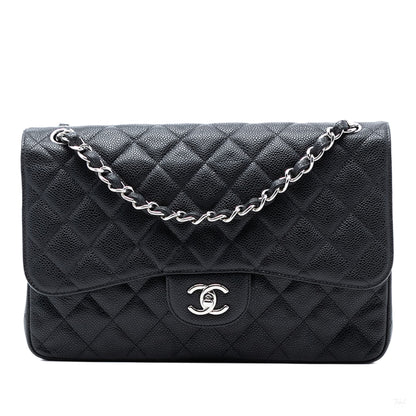 Second hand Chanel Classic Double Flap Jumbo Matelassè Caviar Leather Flap Handbag Black - Tabita Bags