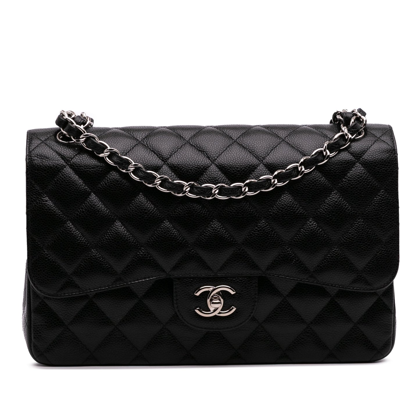 Second hand Chanel Classic Double Flap Jumbo Matelassè Caviar Leather Flap Handbag Black - Tabita Bags