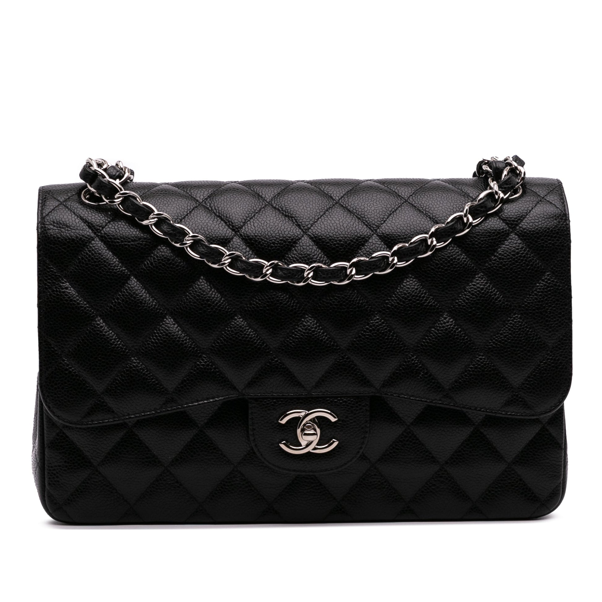 Second hand Chanel Classic Double Flap Jumbo Matelassè Caviar Leather Flap Handbag Black - Tabita Bags