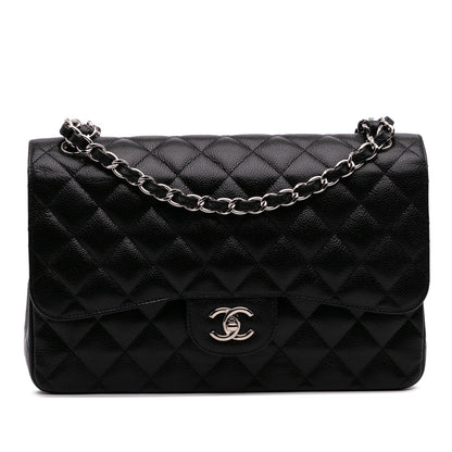 Second hand Chanel Classic Double Flap Jumbo Matelassè Caviar Leather Flap Handbag Black - Tabita Bags