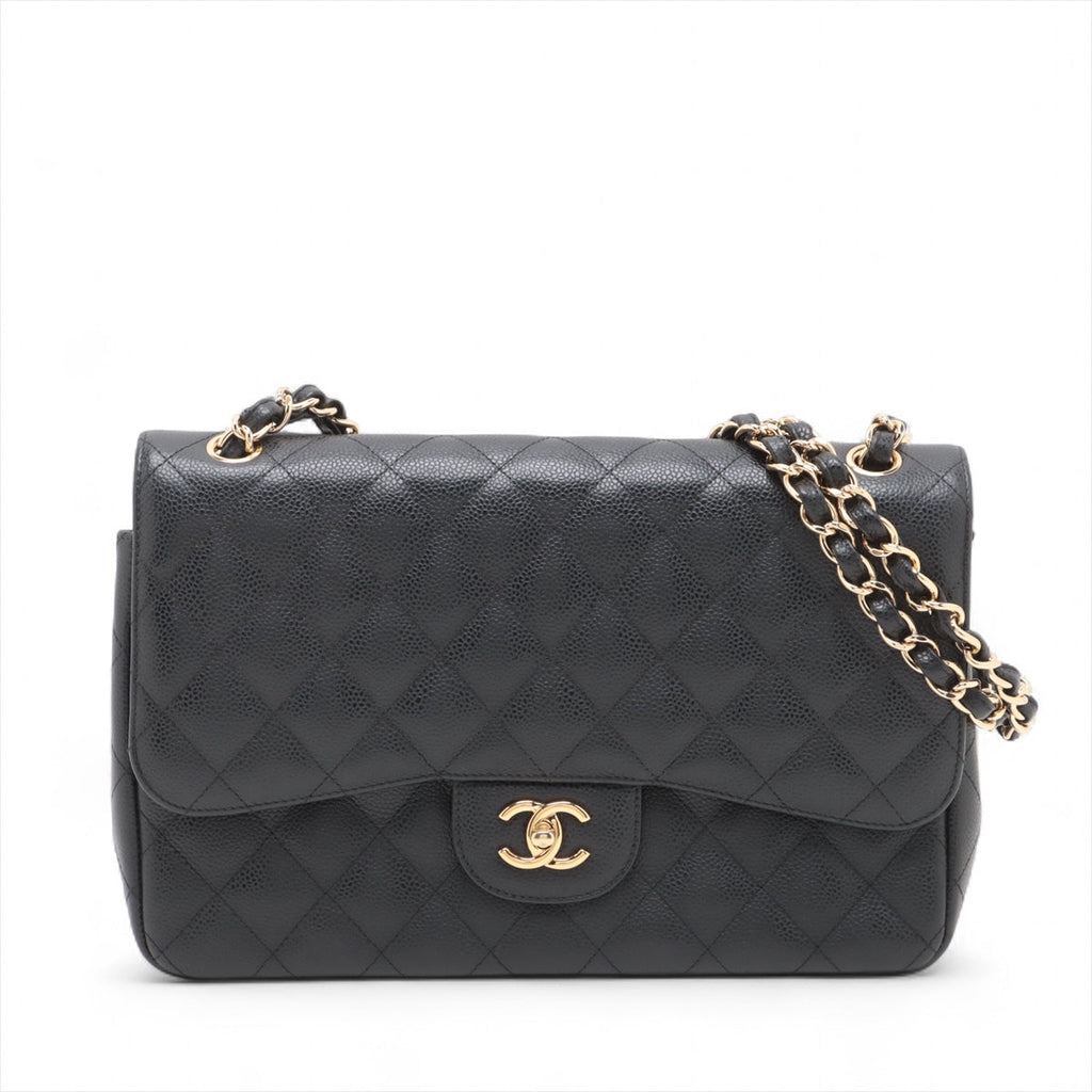 Second hand Chanel Classic Double Flap Jumbo Matelassè Caviar Leather Flap Handbag Black - Tabita Bags
