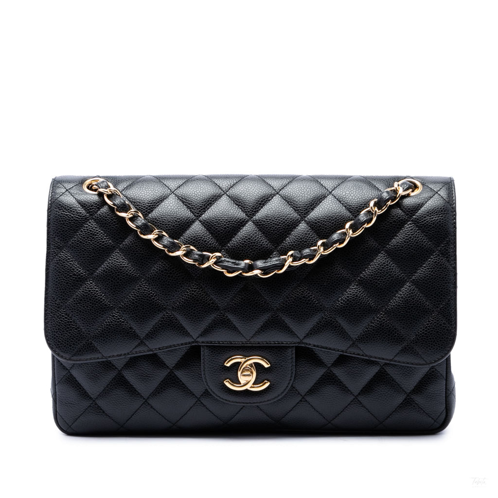 Second hand Chanel Classic Double Flap Jumbo Matelassè Caviar Leather Flap Handbag Black - Tabita Bags