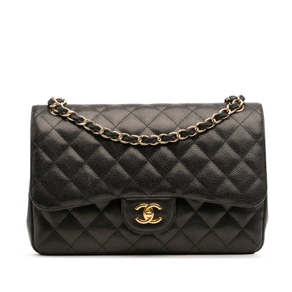 Second hand Chanel Classic Double Flap Jumbo Matelassè Caviar Leather Flap Handbag Black - Tabita Bags