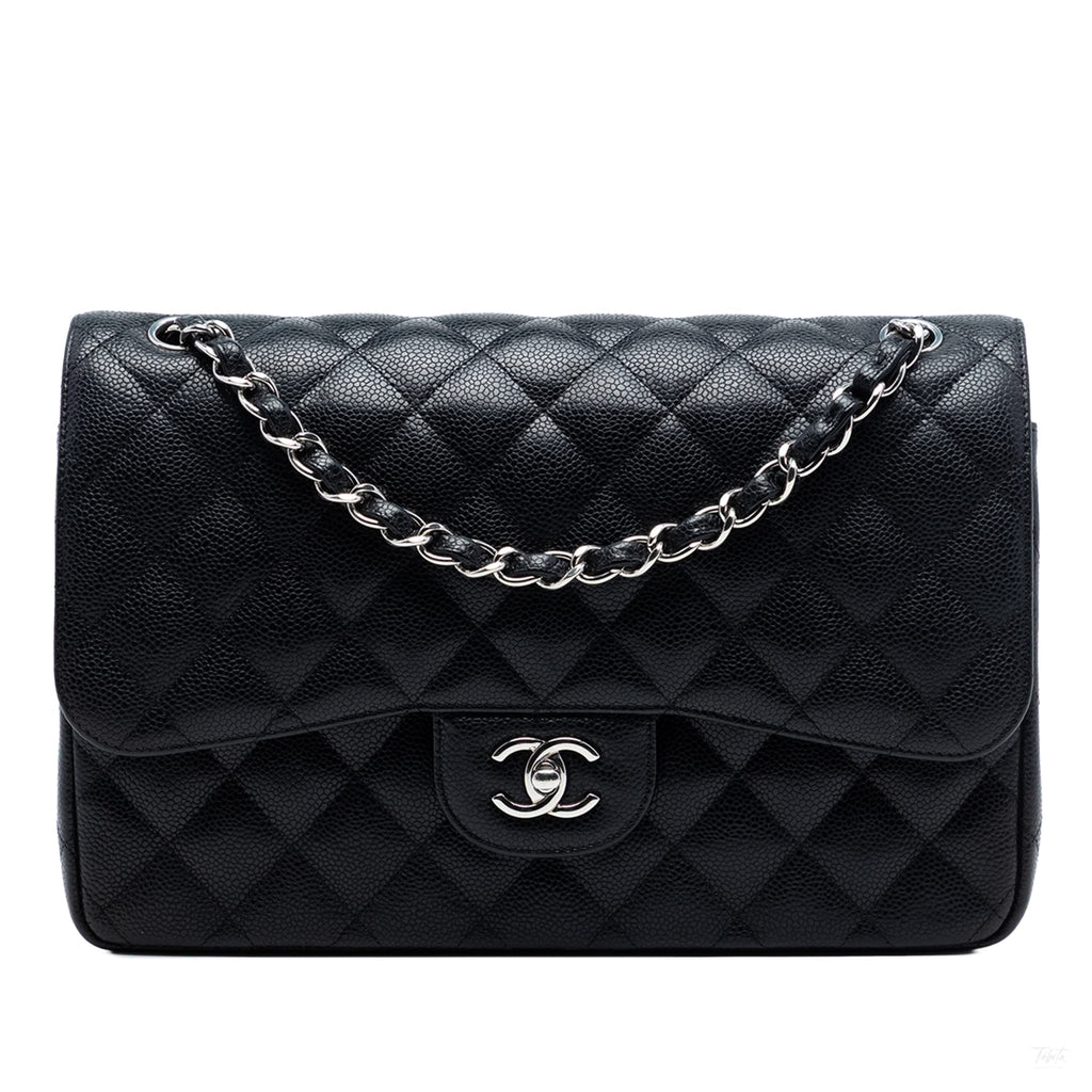 Second hand Chanel Classic Double Flap Jumbo Matelassè Caviar Leather Flap Handbag Black - Tabita Bags